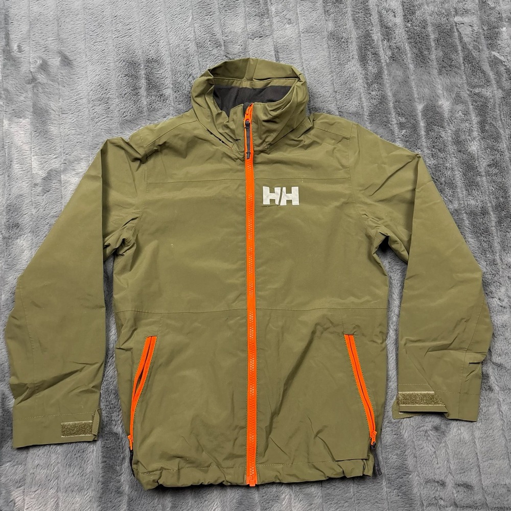 Helly Hansen Kids Size 12 Rain Jacket Olive Green Orange Full Zip Shell 152/12